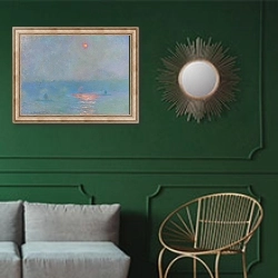 «Парламент в полдень, в тумане» в интерьере классической гостиной с зеленой стеной над диваном