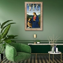«Дева Мария с младенцем и Ангелом 1» в интерьере гостиной в зеленых тонах