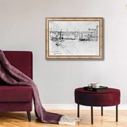«Sketch of London Bridge, 1860» в интерьере гостиной в бордовых тонах