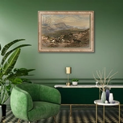 «Scene in the Highlands, 19th century» в интерьере гостиной в зеленых тонах