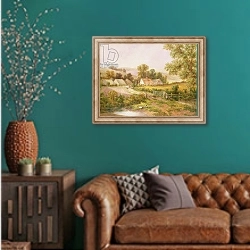 «Farmyard scene 1» в интерьере гостиной с зеленой стеной над диваном