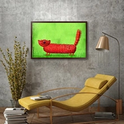 «Пушистый длинный кот на зеленом фоне» в интерьере в стиле лофт с желтым креслом