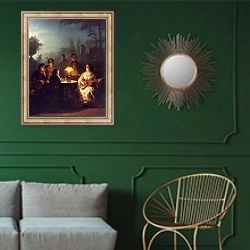 «Летний вечер у лампы» в интерьере классической гостиной с зеленой стеной над диваном