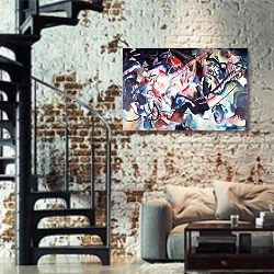 «Композиция VI» в интерьере двухярусной гостиной в стиле лофт с кирпичной стеной
