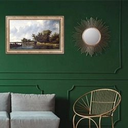 «Пейзаж с рекой и рыбаками» в интерьере классической гостиной с зеленой стеной над диваном