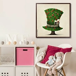 «Зеленая шляпа в виде дерева» в интерьере детской комнаты для девочки с розовыми деталями