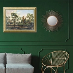 «Дача в парке. 1852» в интерьере классической гостиной с зеленой стеной над диваном