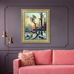 «Зимний пейзаж с рекой и домами. 1914» в интерьере гостиной с розовым диваном