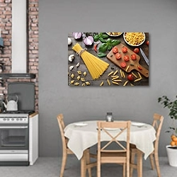 «Макароны с базиликом и помидорами на деревянном фоне» в интерьере кухни над обеденным столом