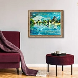 «Парижский пейзаж с озером и замком» в интерьере гостиной в бордовых тонах