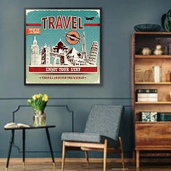 «Наслаждайтесь путешествиями» в интерьере гостиной в стиле ретро в серых тонах