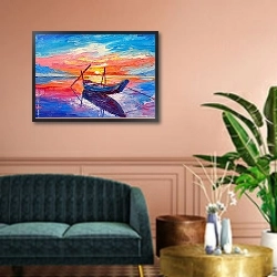 «Рыболовная лодка на море» в интерьере классической гостиной над диваном
