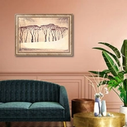 «Монохромный зимний пейзаж. Голые деревья на тихом озере» в интерьере классической гостиной над диваном