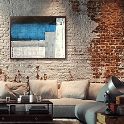«Серо-сине-черная абстракция» в интерьере гостиной в стиле лофт с кирпичной стеной