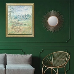 «Autumn Morning, 1892» в интерьере классической гостиной с зеленой стеной над диваном
