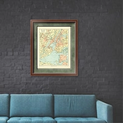 «Карта Нью-Йорка и его окрестностей, конец 19 в. 1» в интерьере в стиле лофт с черной кирпичной стеной