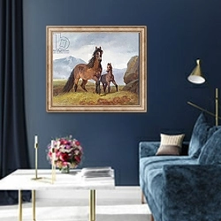 «A Welsh Mountain Mare and Foal, 1854» в интерьере в классическом стиле в синих тонах