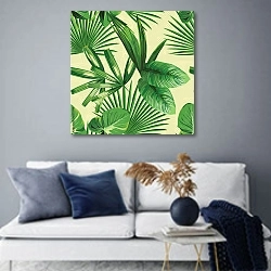 «Тропические пальмовые листья на желтом фоне» в интерьере современной гостиной в синих тонах