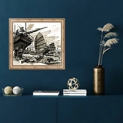 «Unidentified scene of Chinese boats in harbour» в интерьере в классическом стиле в синих тонах