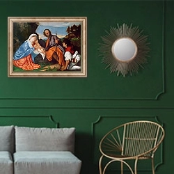 «The Holy Family and a Shepherd, c.1510» в интерьере классической гостиной с зеленой стеной над диваном
