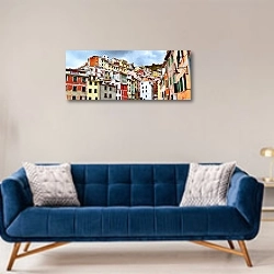 «Италия. Риомаджоре» в интерьере современной гостиной с синим диваном