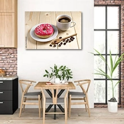 «Кофе с пончиком» в интерьере кухни с кирпичными стенами над столом