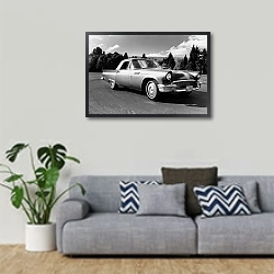 «История в черно-белых фото 465» в интерьере гостиной в скандинавском стиле с серым диваном