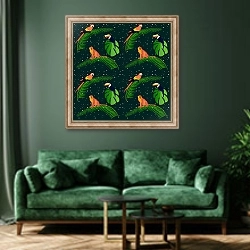 «Jungle Fever» в интерьере зеленой гостиной над диваном