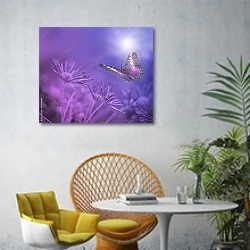«Постер с бабочкой в сине-фиолетовых тонах» в интерьере современной гостиной с желтым креслом