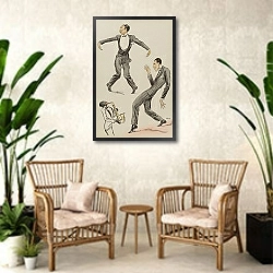 «Deux hommes dansant le charleston au son d’un saxophone» в интерьере комнаты в стиле ретро с плетеными креслами