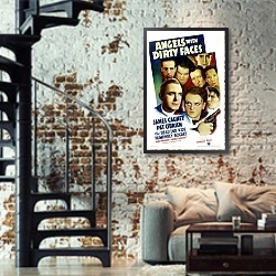 «Poster - Angels With Dirty Faces 3» в интерьере двухярусной гостиной в стиле лофт с кирпичной стеной