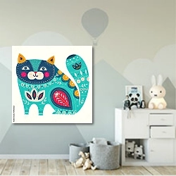 «Декоративная голубая кошка с узорами» в интерьере детской комнаты для мальчика с росписью на стенах