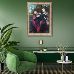 «Святой Георгий и Святой в обличии женщины» в интерьере гостиной в зеленых тонах