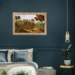 «Landscape with a River» в интерьере классической спальни с темными стенами