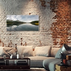 «Россия, Кавказ. Панорама с горным озером» в интерьере гостиной в стиле лофт с кирпичными стенами