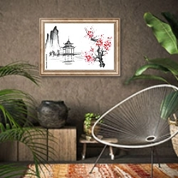 «Традиционный японский пейзаж с пагодой и цветущей сакурой» в интерьере комнаты в этническом стиле