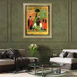 «Icon depicting Christ's Entry into Jerusalem» в интерьере гостиной в оливковых тонах