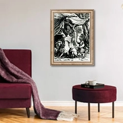 «Allegorical portrait of Jean de La Fontaine surrounded by animals from his fables» в интерьере гостиной в бордовых тонах