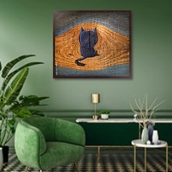 «Силуэт черного кота на древесине» в интерьере гостиной в зеленых тонах