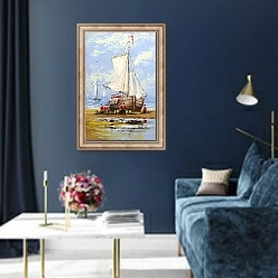 «Рыбаки рядом с парусником на берегу» в интерьере в классическом стиле в синих тонах