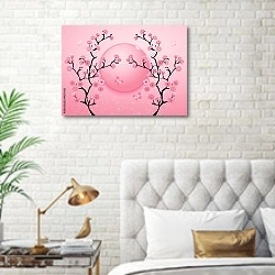 «Розовые цветы вишни весной» в интерьере современной спальни в белом цвете с золотыми деталями