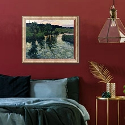 «Landscape with a River 1» в интерьере спальни с акцентной стеной