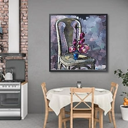 «Натюрморт с фиолетовыми цветами магнолии на стуле» в интерьере кухни над обеденным столом