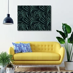 «Пальмовые листья на черном» в интерьере современной гостиной с желтым диваном