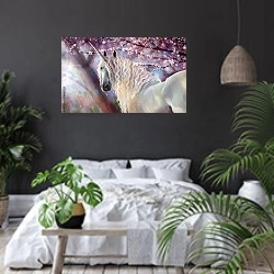 «Единорог в цветущем саду» в интерьере современной спальни с черными стенами