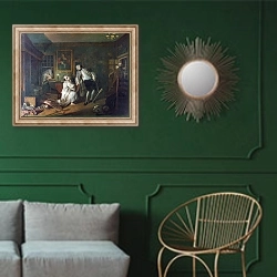 «Marriage A-la-Mode - 5, The Bagnio» в интерьере классической гостиной с зеленой стеной над диваном