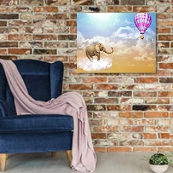 «Слон и воздушный шар» в интерьере в стиле лофт с кирпичной стеной и синим креслом