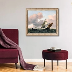 «Turbulent sea with ships» в интерьере гостиной в бордовых тонах