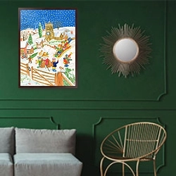 «Christmas Eve in the Village 2» в интерьере классической гостиной с зеленой стеной над диваном