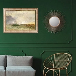 «Stormy Sea Breaking on a Shore, 1840-5» в интерьере классической гостиной с зеленой стеной над диваном
